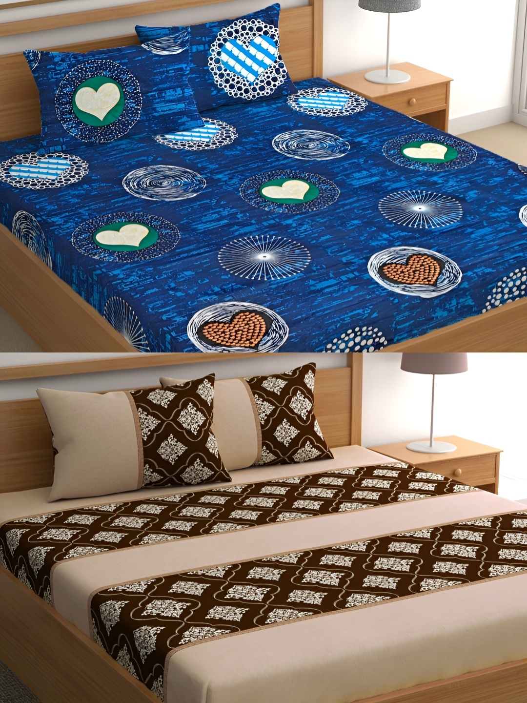 

CG HOMES Blue & Brown Geometric Cotton 160 TC 2 Queen Bedsheet with 4 Pillow Covers