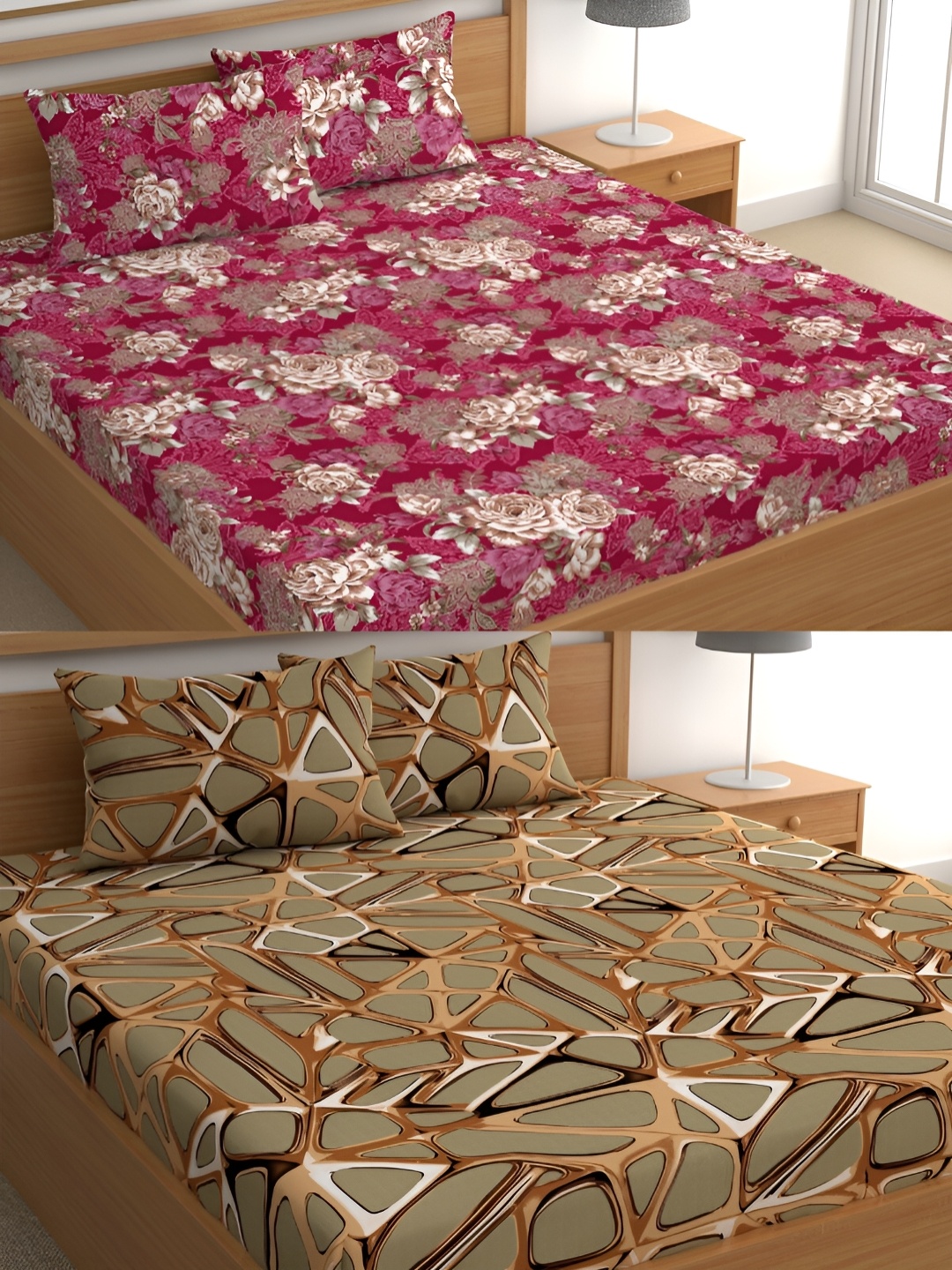 

CG HOMES Red & Brown Floral Cotton160 TC 2 Queen Bedsheet with 4 Pillow Covers