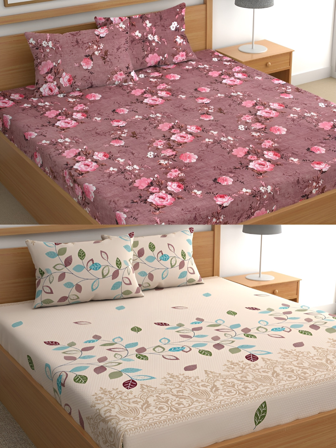 

CG HOMES Brown & Cream Floral Cotton 160 TC 2 Queen Bedsheet With 4 Pillow Covers