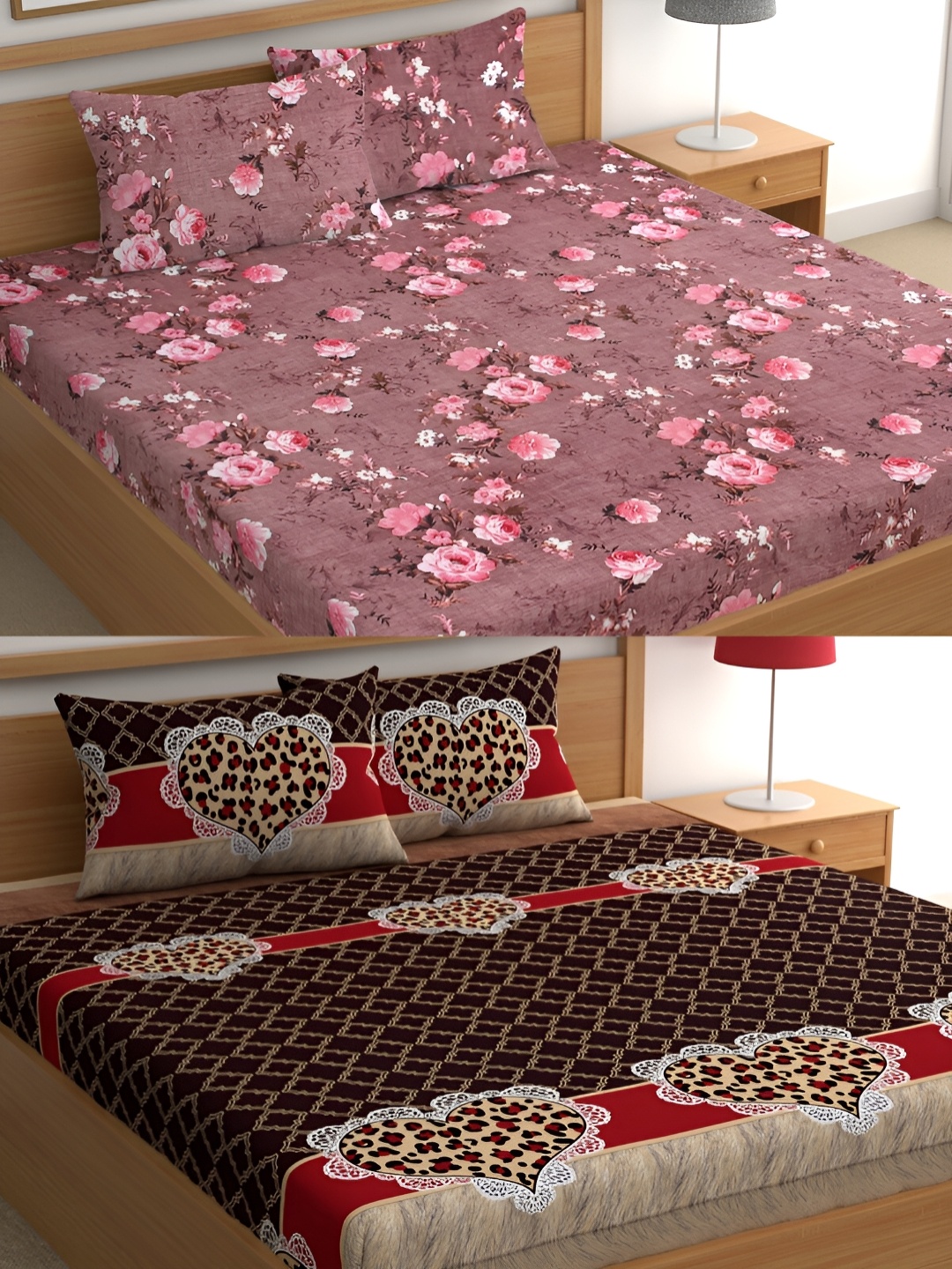 

CG HOMES Brown & Pink Floral Cotton 160 TC 2 Queen Bedsheet with 4 Pillow Covers