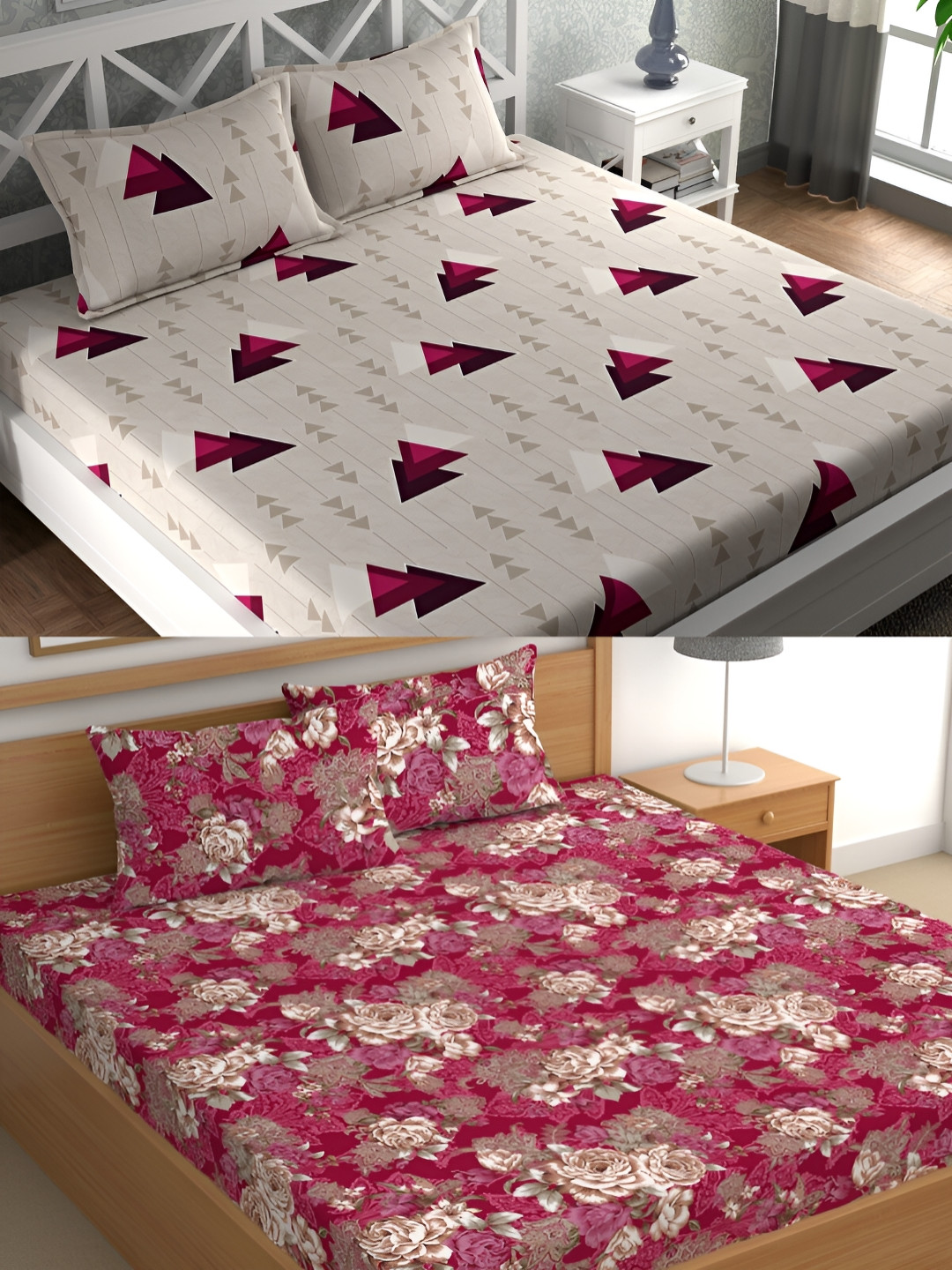 

CG HOMES Grey & Red Geometric Cotton 160 TC 2 Queen Bedsheet With 4 Pillow Covers