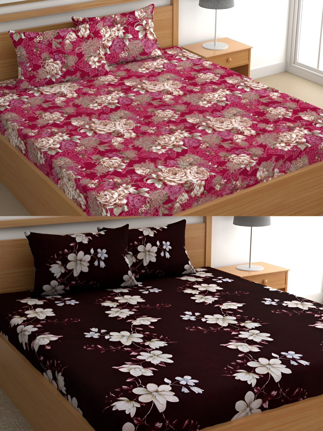 

CG HOMES Red & Brown Floral Cotton 160 TC 2 Queen Bedsheet with 4 Pillow Covers