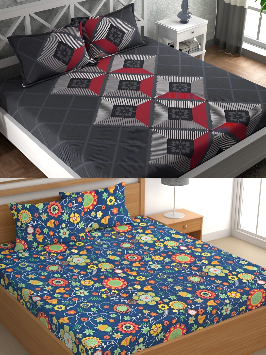 

CG HOMES Grey & Blue Floral Cotton 160 TC 2 Queen Bedsheet With 4 Pillow Covers
