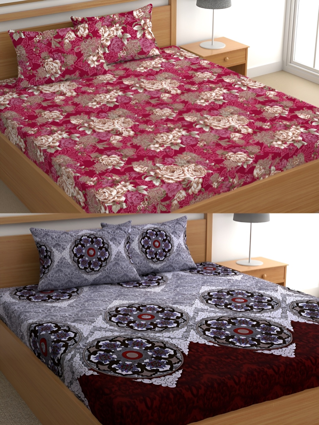 

CG HOMES Red & Grey Floral Cotton 160 TC 2 Queen Bedsheet With 4 Pillow Covers