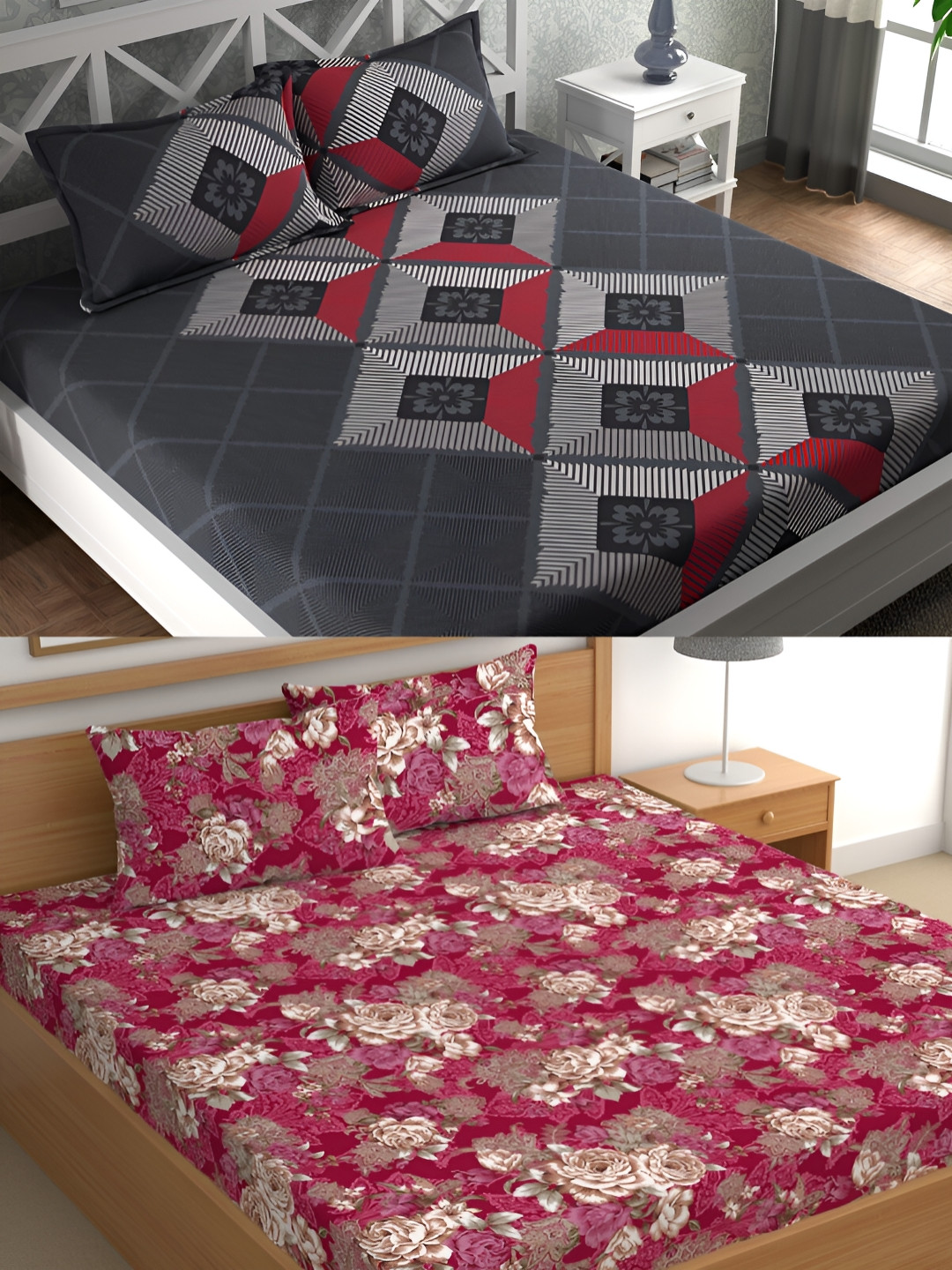 

CG HOMES Grey & Red Floral Cotton 160 TC 2 Queen Bedsheet with 4 Pillow Covers