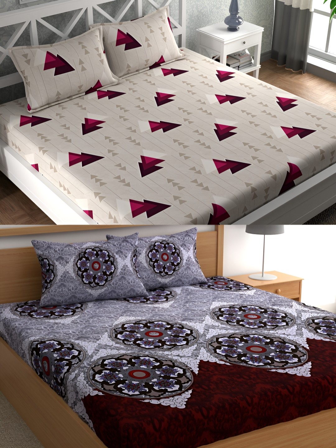 

CG HOMES Grey & Cream Geometric Cotton 160 TC 2 Queen Bedsheet with 4 Pillow Covers