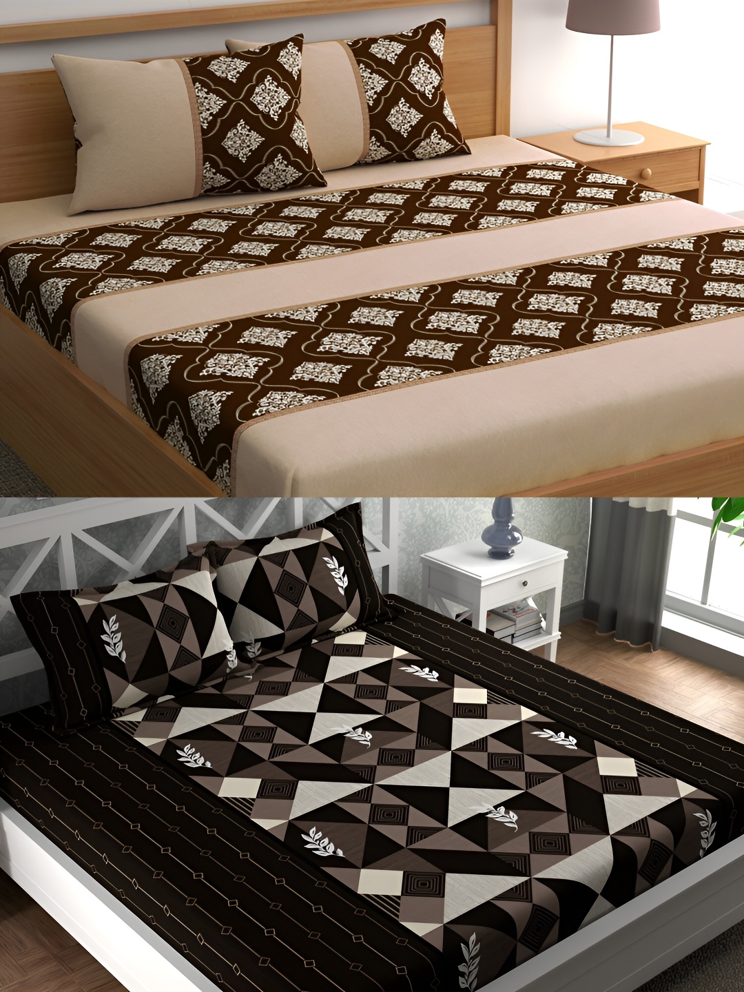 

CG HOMES Beige & Black Geometric Cotton 160 TC 2 Queen Bedsheet with 4 Pillow Covers