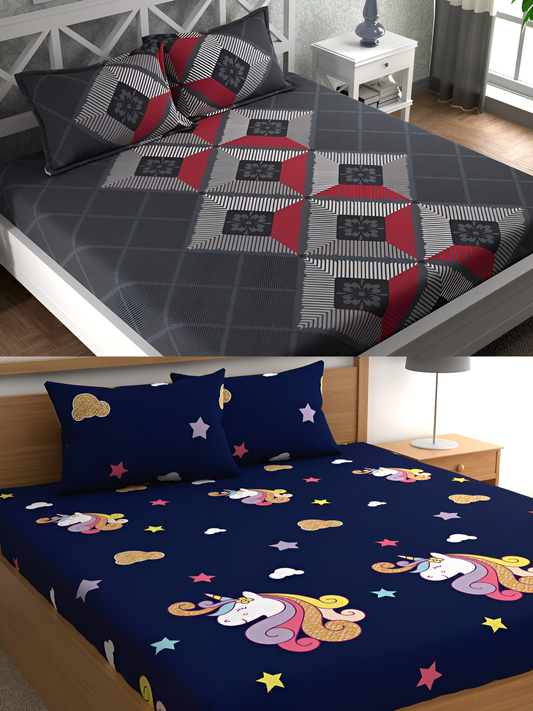 

CG HOMES Grey Cartoon Characters Cotton 160 TC 2 Queen Bedsheet With 4 Pillow Covers