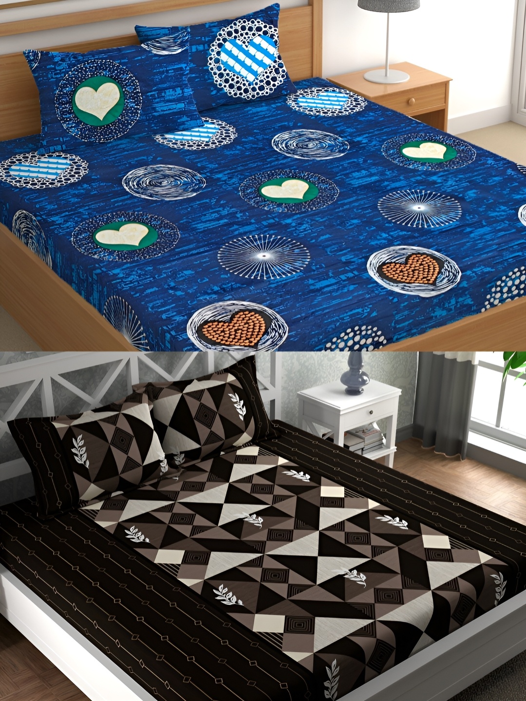 

CG HOMES Blue & Brown Geometric Cotton 160 TC 2 Queen Bedsheet With 4 Pillow Covers