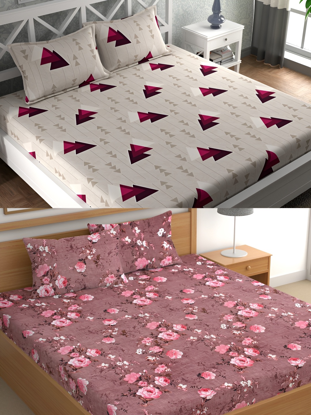 

CG HOMES Grey & Pink Geometric 160 TC 2 Queen Bedsheet with 4 Pillow Covers