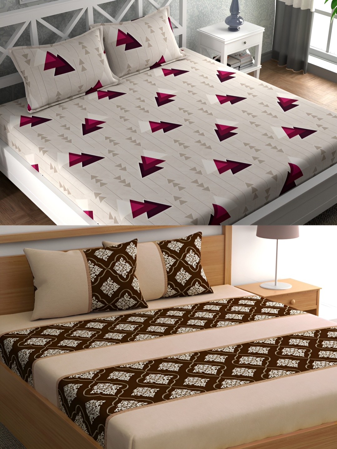 

CG HOMES Grey & Red Geometric Cotton 160 TC 2 Queen Bedsheet with 4 Pillow Covers