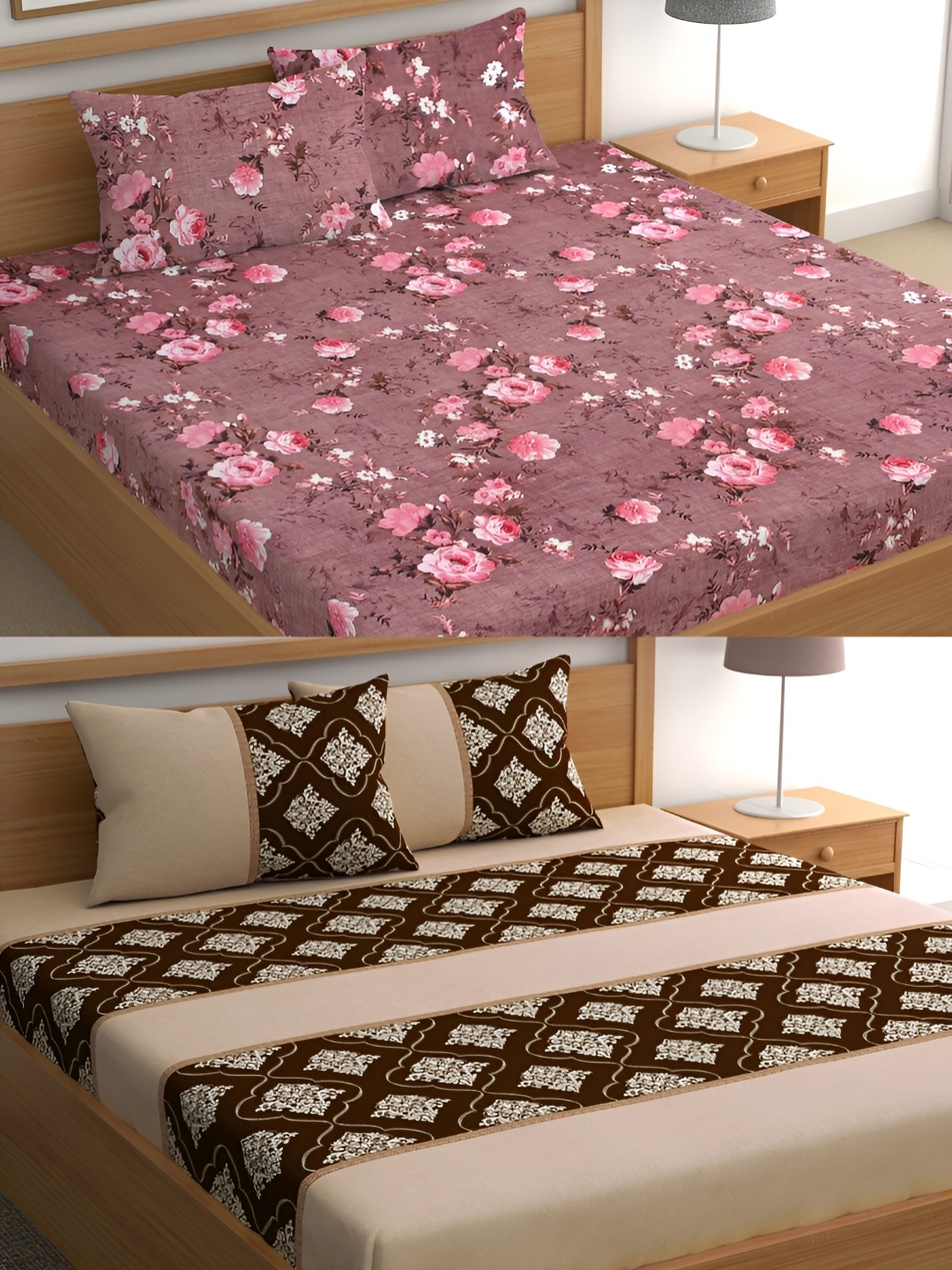 

CG HOMES Brown & Brown Floral Cotton 160 TC 2 Queen Bedsheet with 4 Pillow Covers