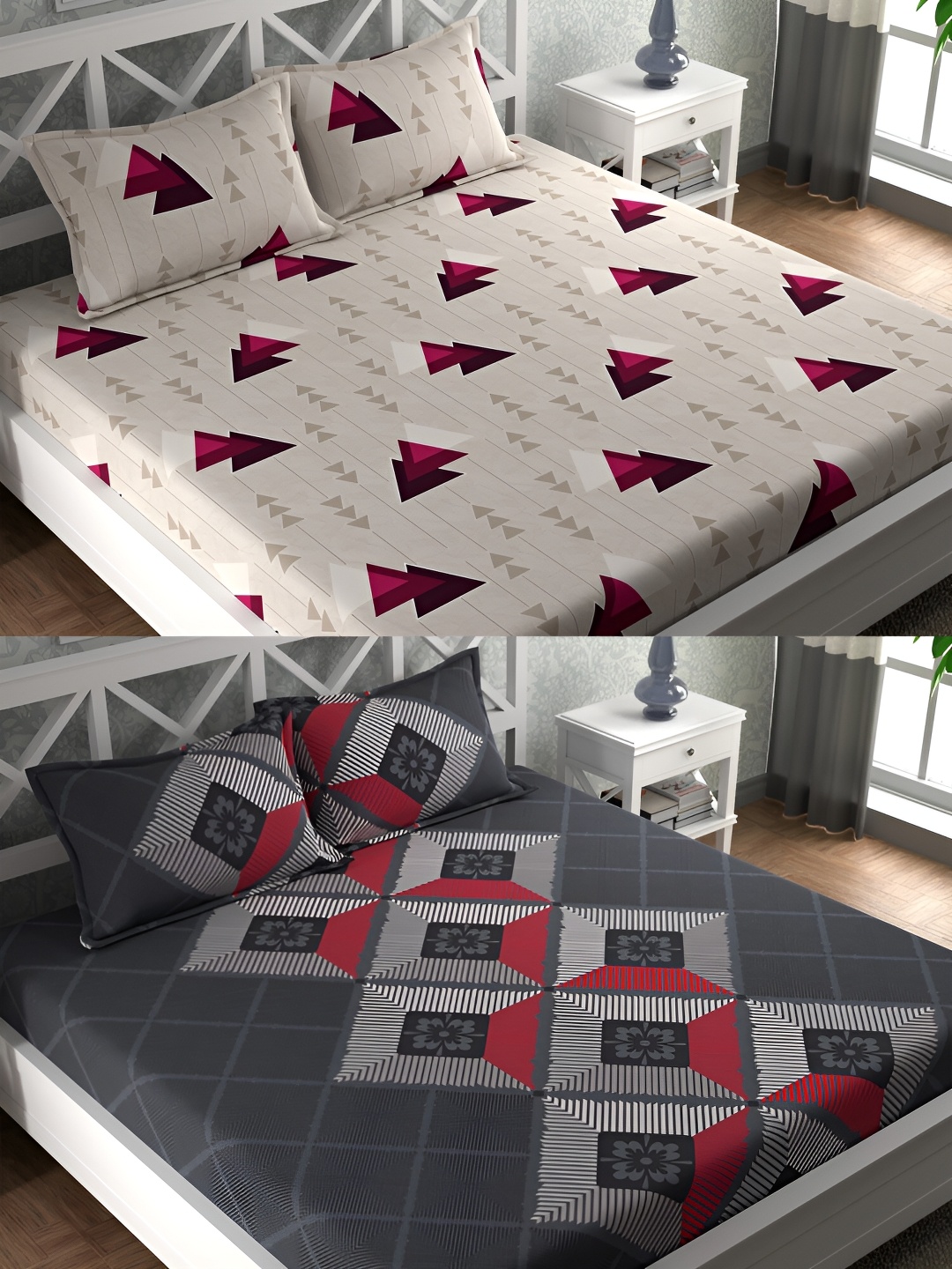 

CG HOMES Grey & Cream Geometric Cotton 160 TC 2 Queen Bedsheet with 4 Pillow Covers