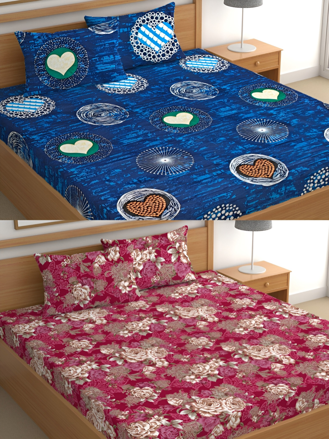 

CG HOMES Blue & Red Floral Cotton 160 TC 2 Queen Bedsheet With 4 Pillow Covers