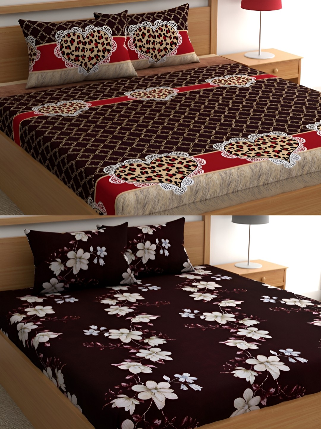

CG HOMES Brown & Red Floral Cotton 160 TC 2 Queen Bedsheet With 4 Pillow Covers