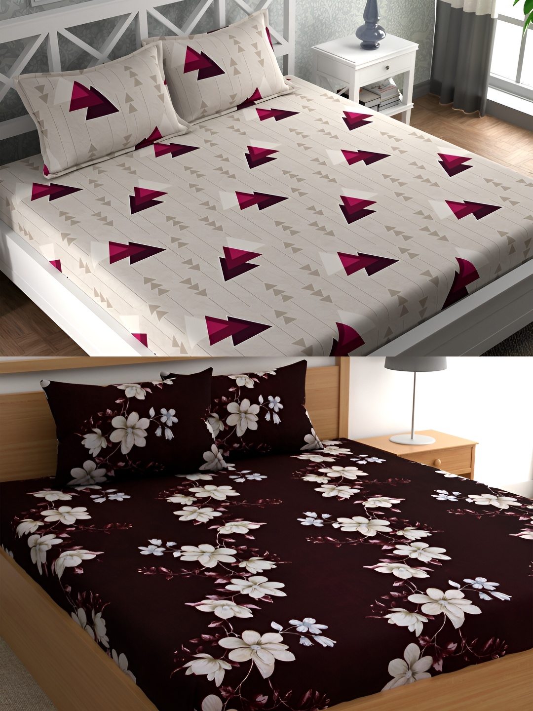

CG HOMES Grey & Brown Geometric Cotton 160 TC 2 Queen Bedsheet with 4 Pillow Covers
