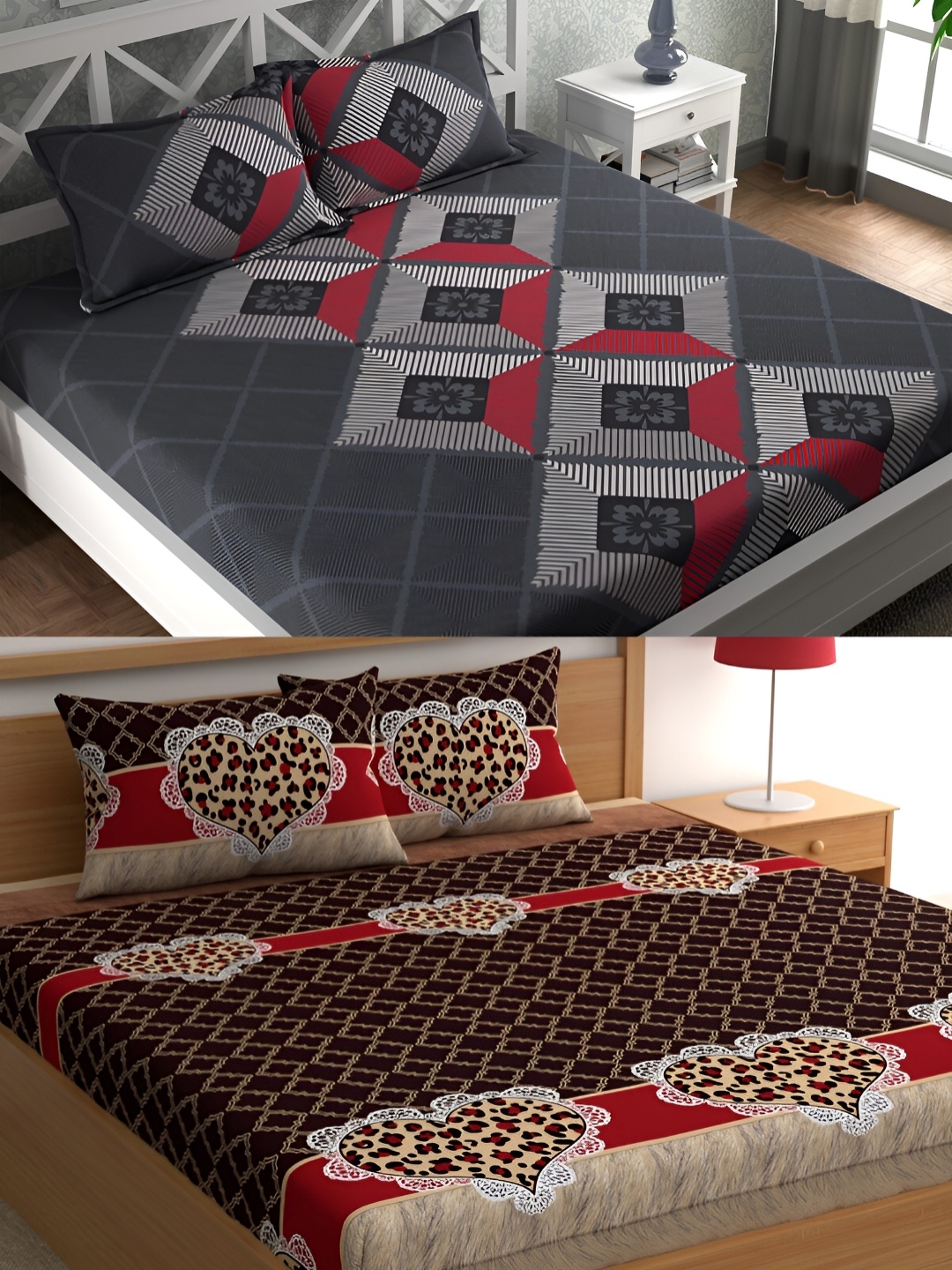 

CG HOMES Grey & Brown Geometric Cotton 160 TC 2 Queen Bedsheet with 4 Pillow Covers