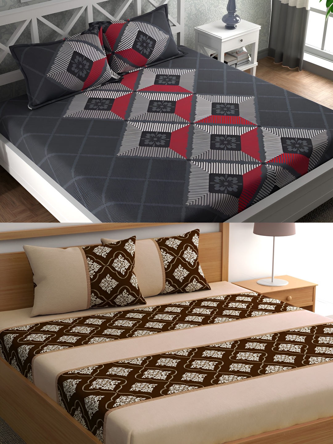

CG HOMES Grey & Beige Geometric Cotton 160 TC 2 Queen Bedsheet with 4 Pillow Covers