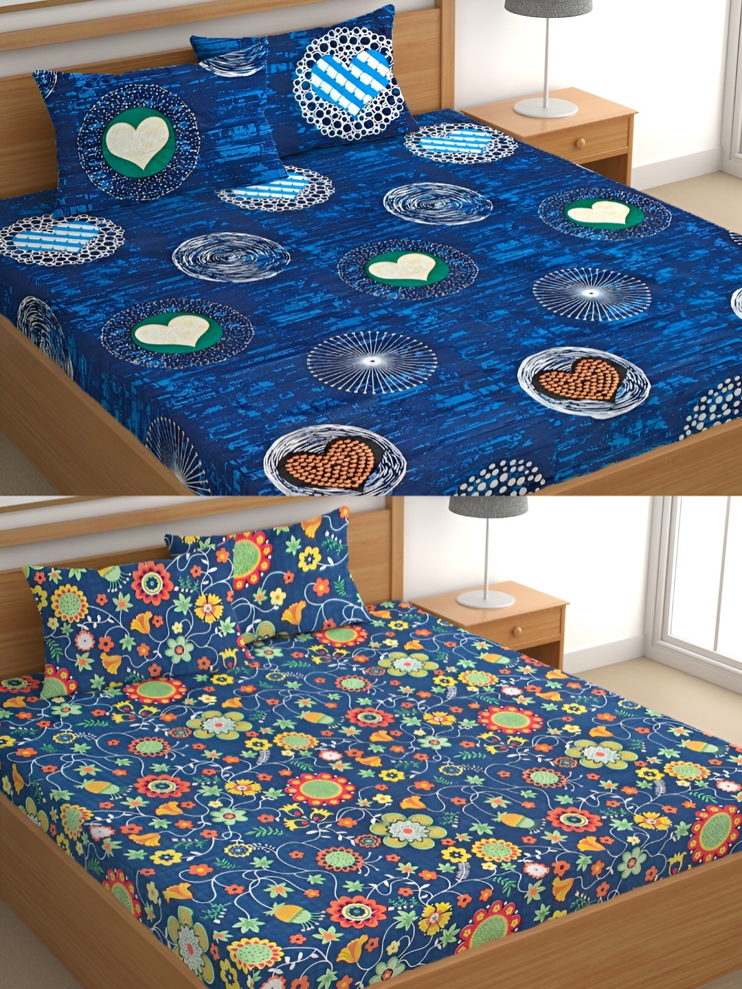 

CG HOMES Blue & Green Floral Cotton 160 TC 2 Queen Bedsheet with 4 Pillow Covers