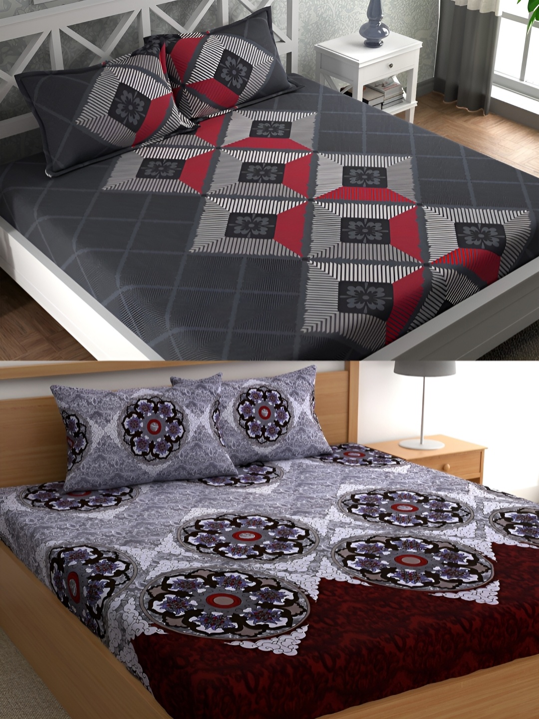 

CG HOMES Grey & Red Geometric Cotton 160 TC 2 Queen Bedsheet with 4 Pillow Covers