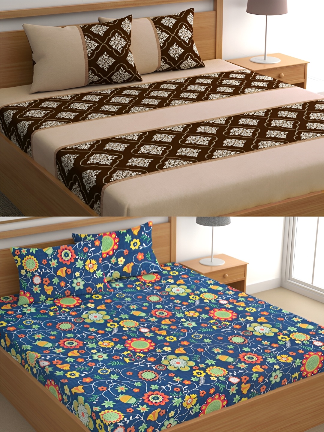 

CG HOMES Beige & Blue Floral Cotton 160 TC 2 Queen Bedsheet With 4 Pillow Covers