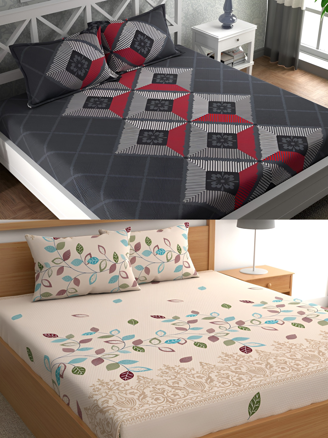 

CG HOMES Grey & Cream Geometric Cotton 160 TC 2 Queen Bedsheet With 4 Pillow Covers
