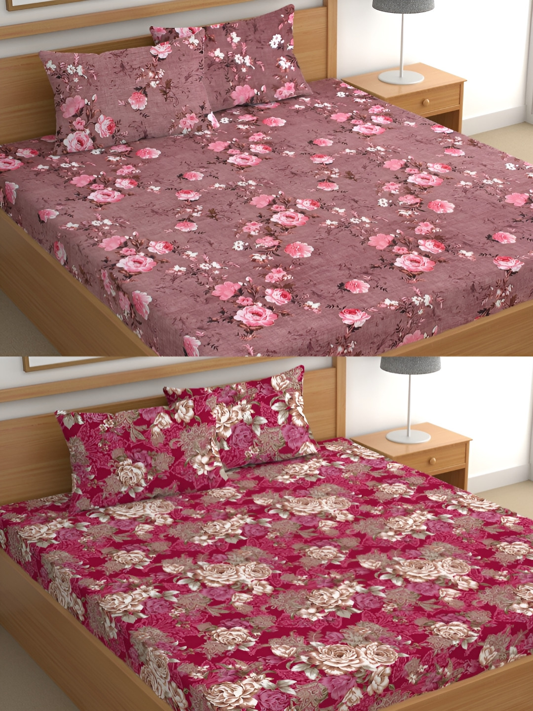 

CG HOMES Brown & Red Floral Cotton 160 TC 2 Queen Bedsheet with 4 Pillow Covers