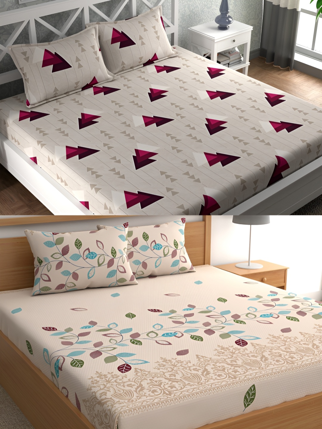 

CG HOMES Grey & Cream Geometric Cotton 160 TC 2 Queen Bedsheet with 4 Pillow Covers