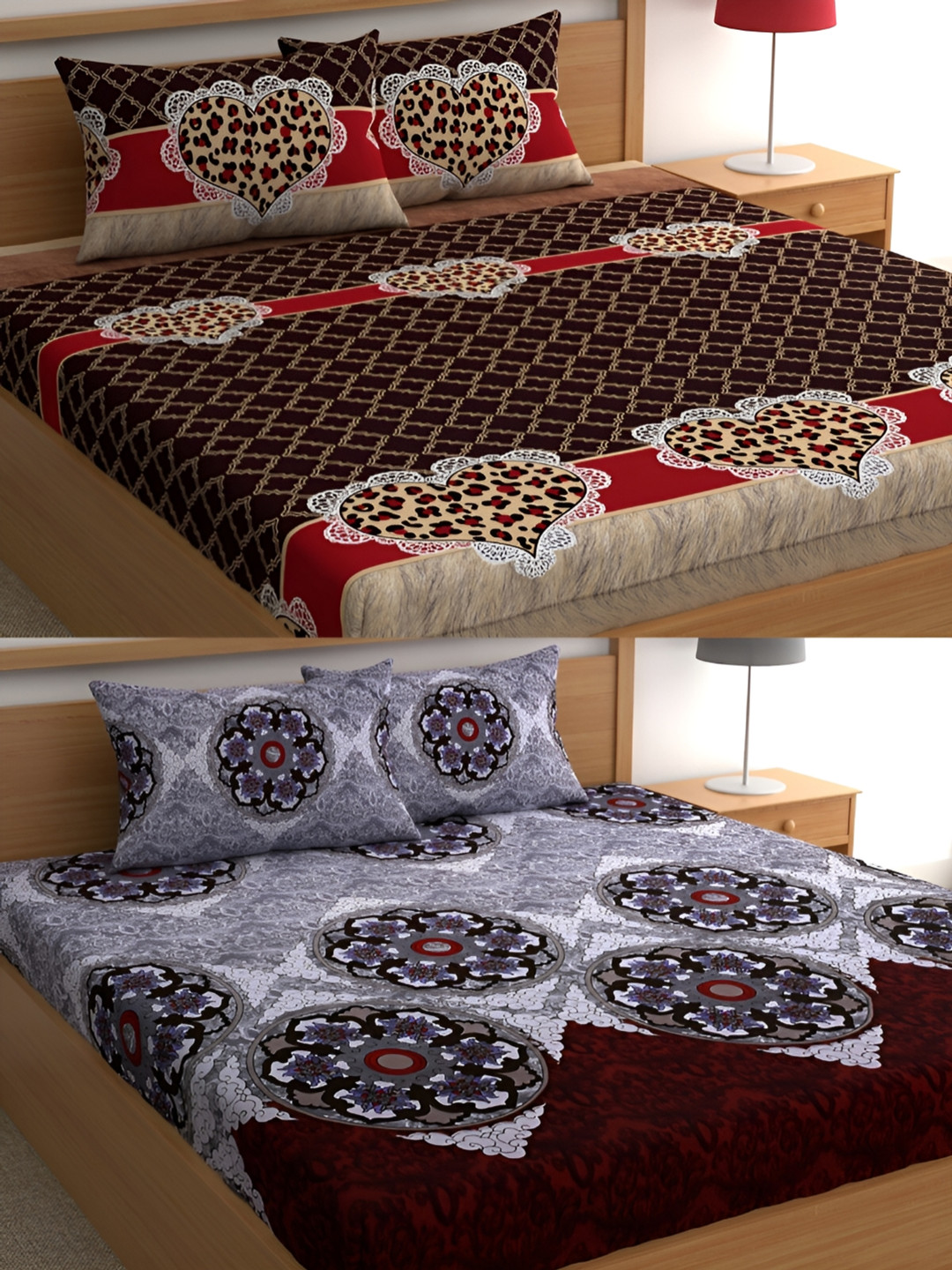 

CG HOMES Brown & Grey Ethnic Motifs Cotton 160 TC 2 Queen Bedsheet with 4 Pillow Covers