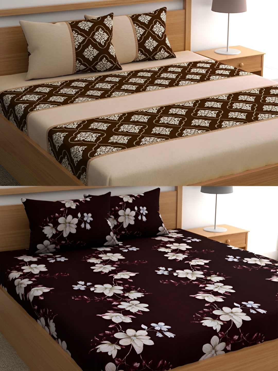 

CG HOMES Beige & Brown Floral Cotton 160 TC 2 Queen Bedsheet With 4 Pillow Covers