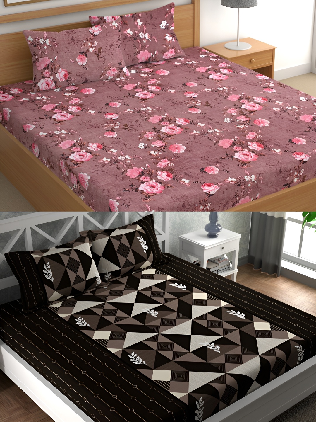 

CG HOMES Brown & White Floral Cotton 160 TC 2 Queen Bedsheet with 4 Pillow Covers