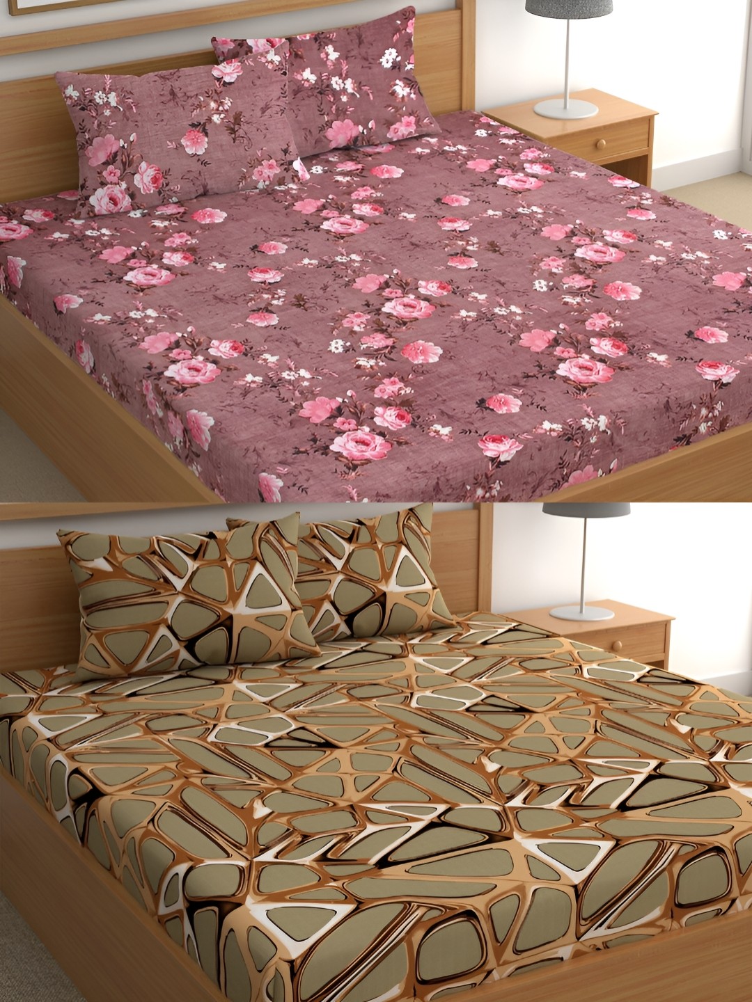 

CG HOMES Brown & Green Floral Cotton 160 TC 2 Queen Bedsheet With 4 Pillow Covers