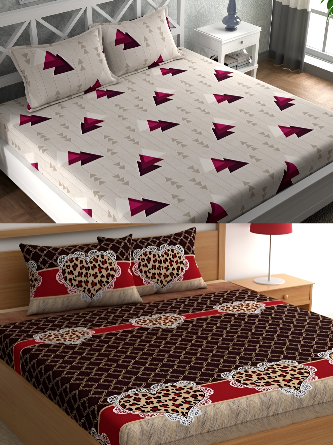 

CG HOMES Grey & Brown Geometric Cotton 160 TC 2 Queen Bedsheet with 4 Pillow Covers
