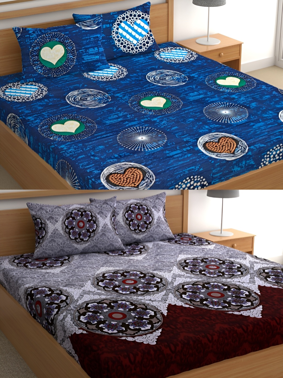 

CG HOMES Blue & Grey Ethnic Motifs Cotton 160 TC 2 Queen Bedsheet with 4 Pillow Covers