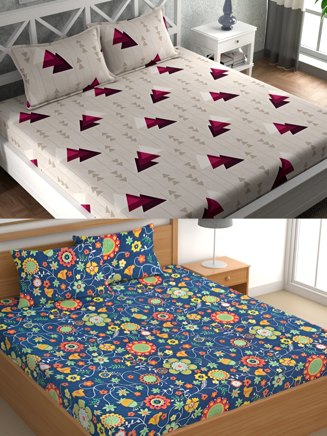 

CG HOMES Grey & Blue Geometric Printed Cotton 160 TC 2 Queen Bedsheet with 4 Pillow Covers