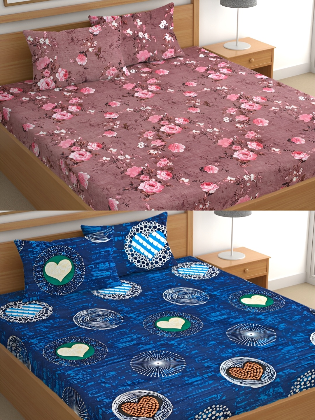 

CG HOMES Brown & Blue Floral Cotton 160 TC 2 Queen Bedsheet with 4 Pillow Covers