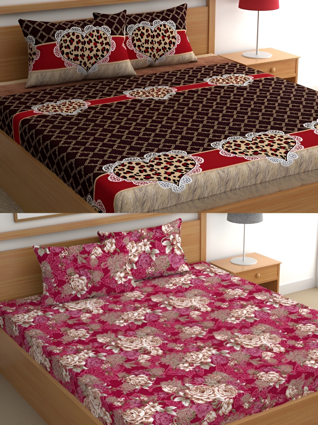 

CG HOMES Brown & Red Floral Cotton 160 TC 2 Queen Bedsheet With 4 Pillow Covers