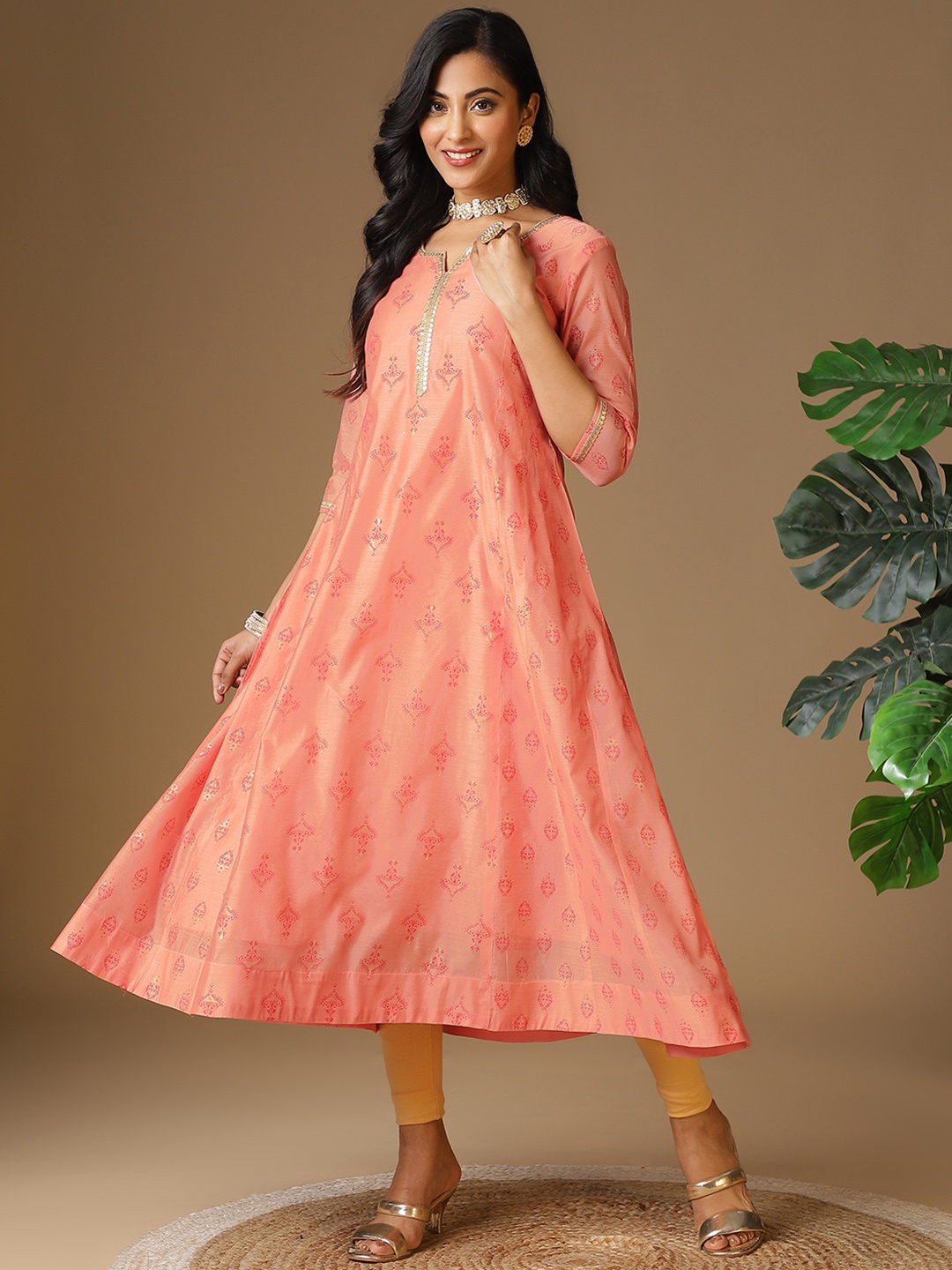 

Rangita Ethnic Printed Sequined Chanderi Silk Anarkali Kurta, Peach