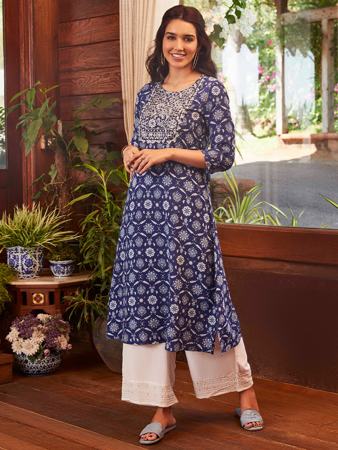 

Rangita Ethnic Motifs Printed Mirror Work A Line Kurta, Blue