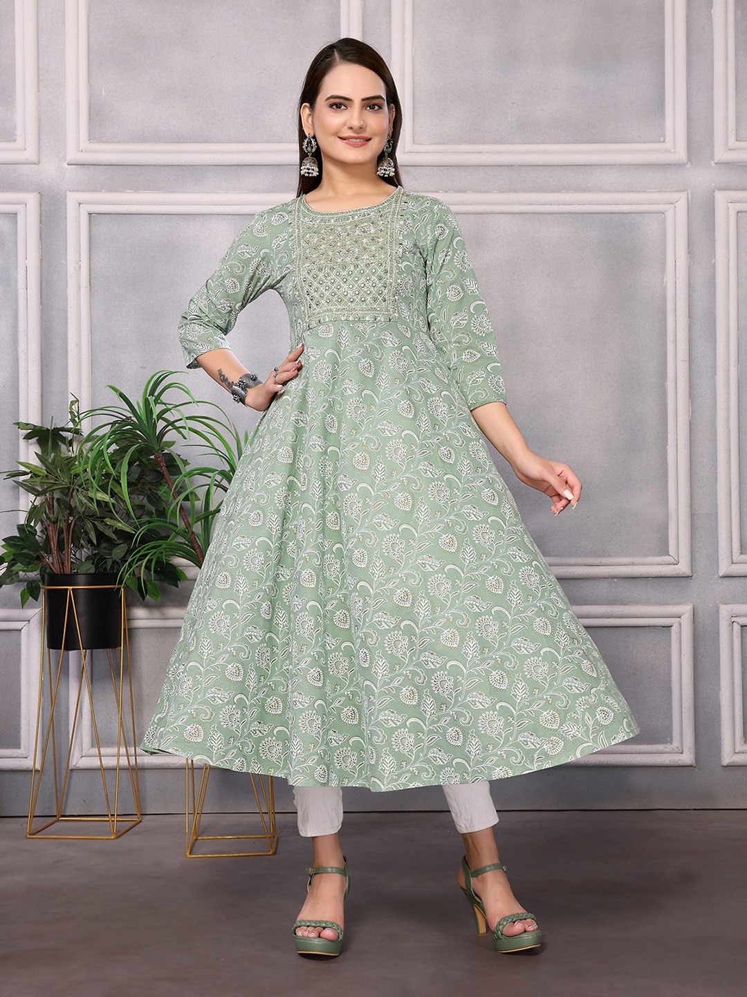 

Rangita Ethnic Motifs Printed Mirror Work Cotton A-Line Kurta, Olive