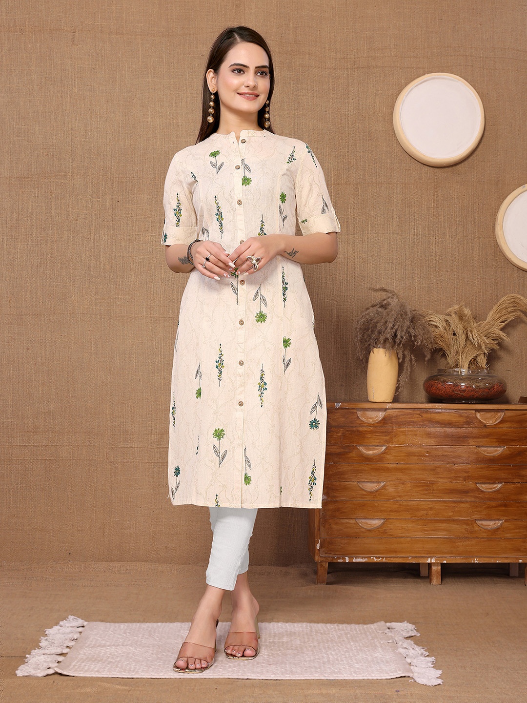 Rangita Floral Printed Mandarin Collar Short Sleeves Straight Cotton Kurta, Beige