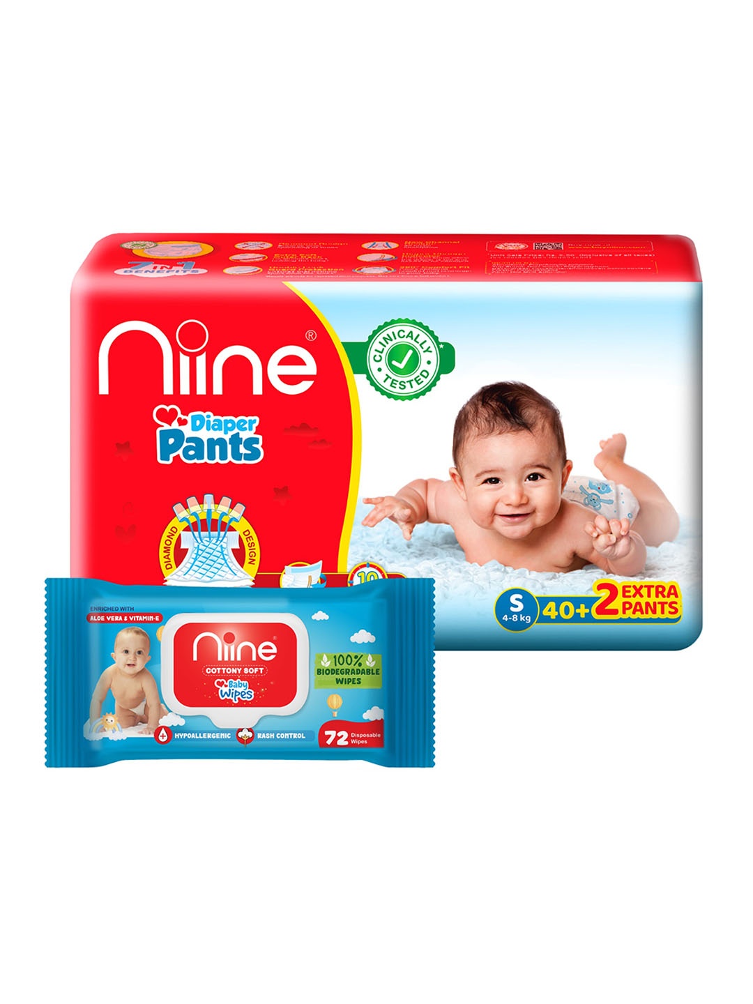 

Niine Set Of 2 Baby Diaper Pants - 42 Pants S & Disposable Baby Wipes - 72 Wipes, White