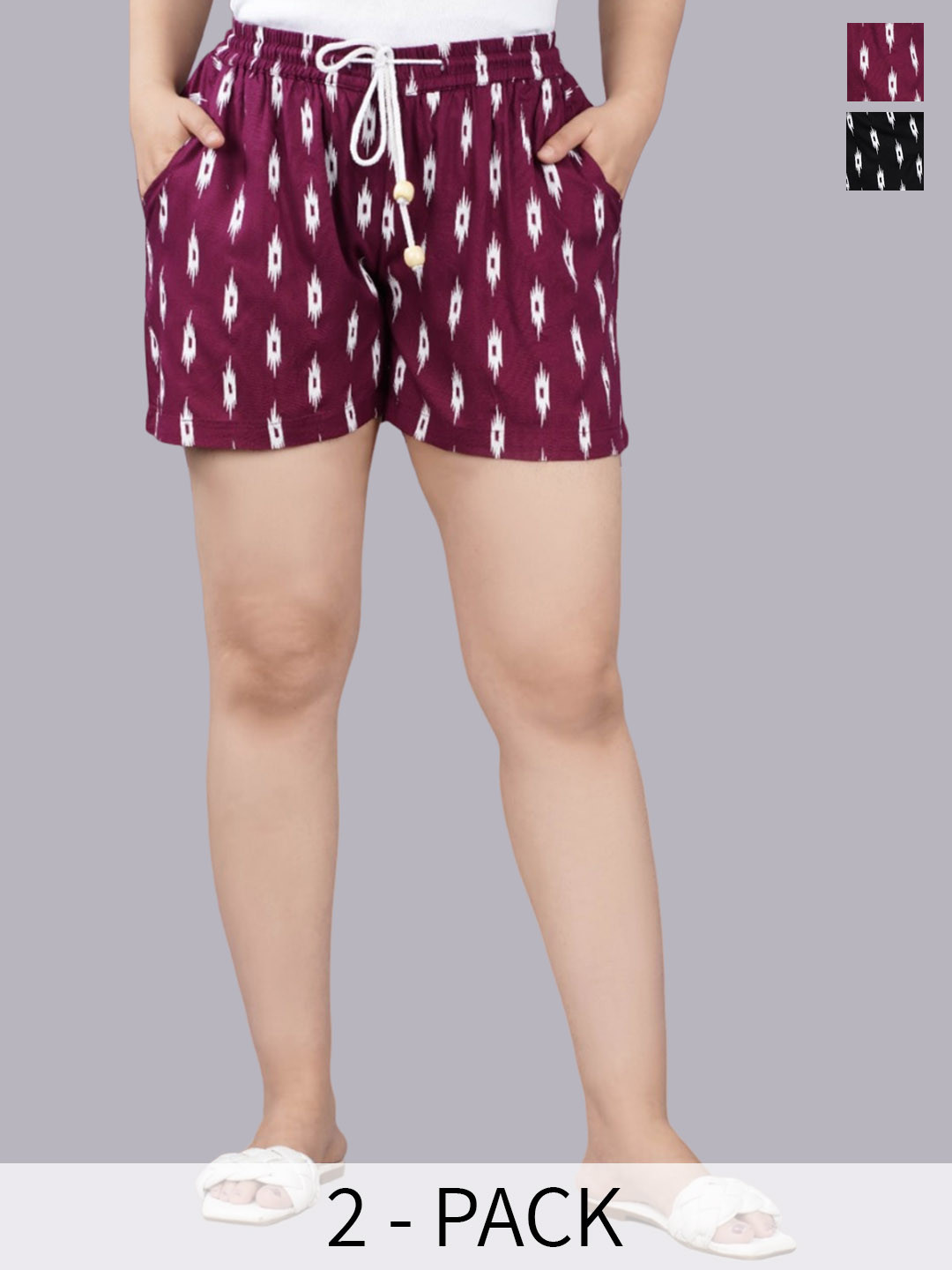 

DHROOV TARA Women Pack Of 2 Printed Mid Rise Shorts, Maroon