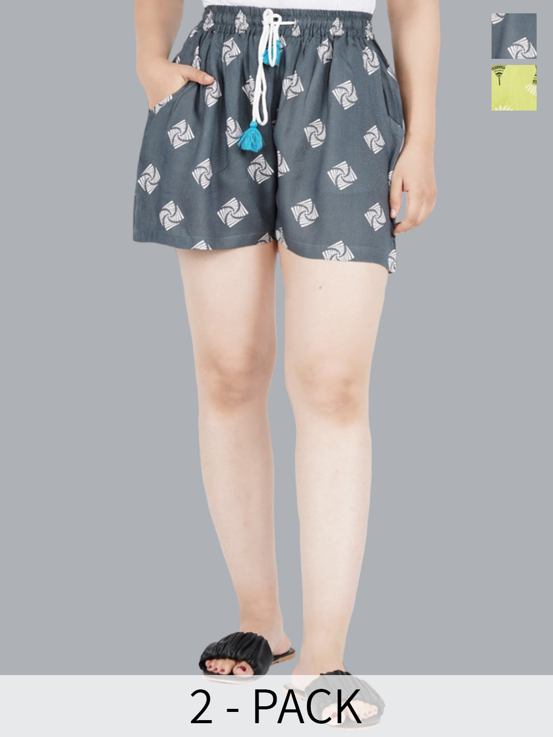 

DHROOV TARA Women Pack Of 2 Printed Mid Rise Shorts, Grey
