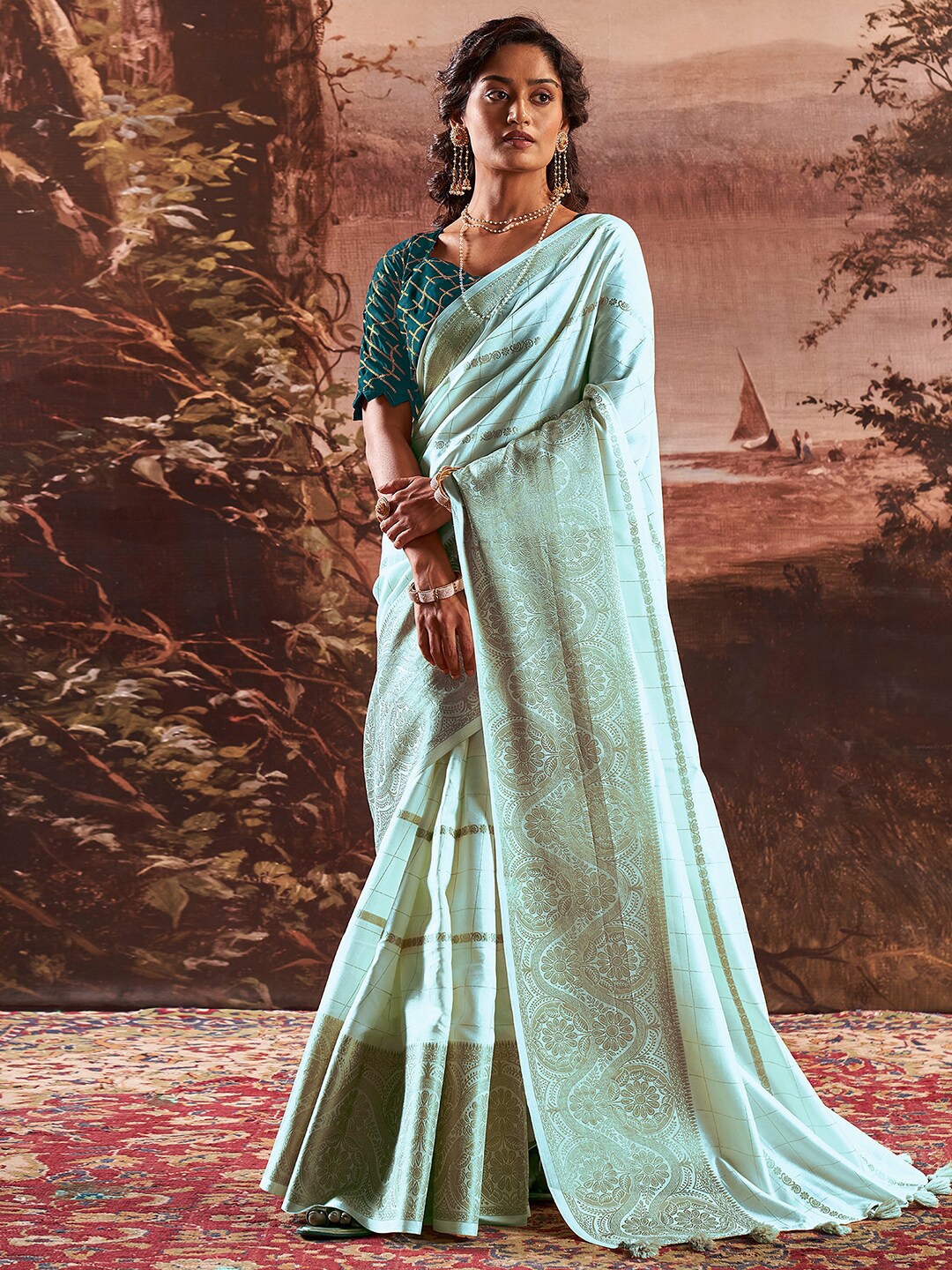 

Satrani Blue Ethnic Motifs Woven Design Zari Art Silk Banarasi Saree