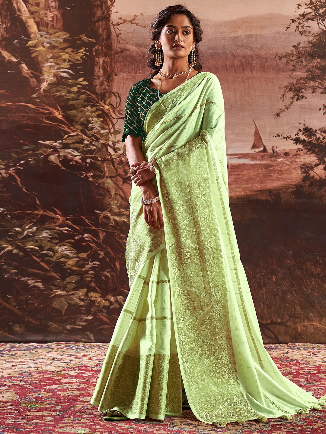 

Satrani Green Ethnic Motifs Woven Design Zari Art Silk Banarasi Saree, Lime green