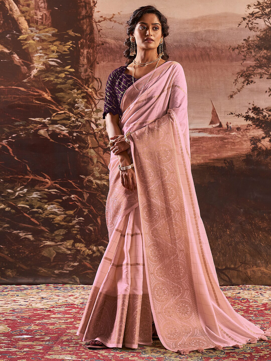 

Satrani Pink Ethnic Motifs Woven Design Zari Art Silk Banarasi Saree