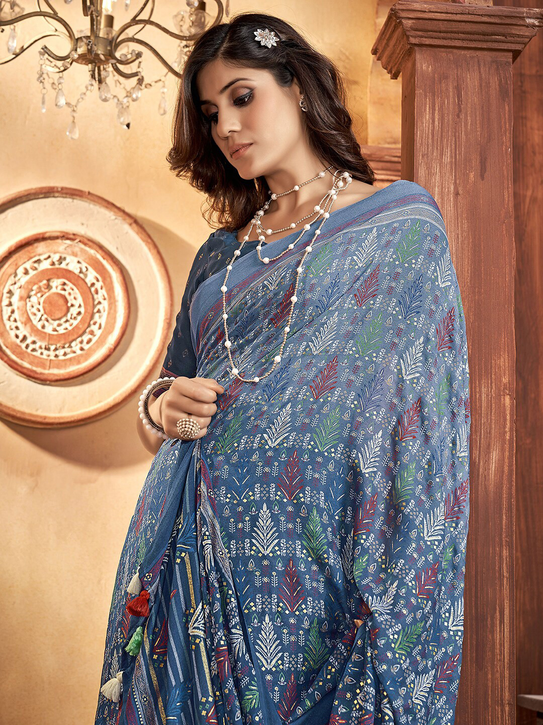 

Satrani Blue Bagh Printed Zari Banarasi Saree