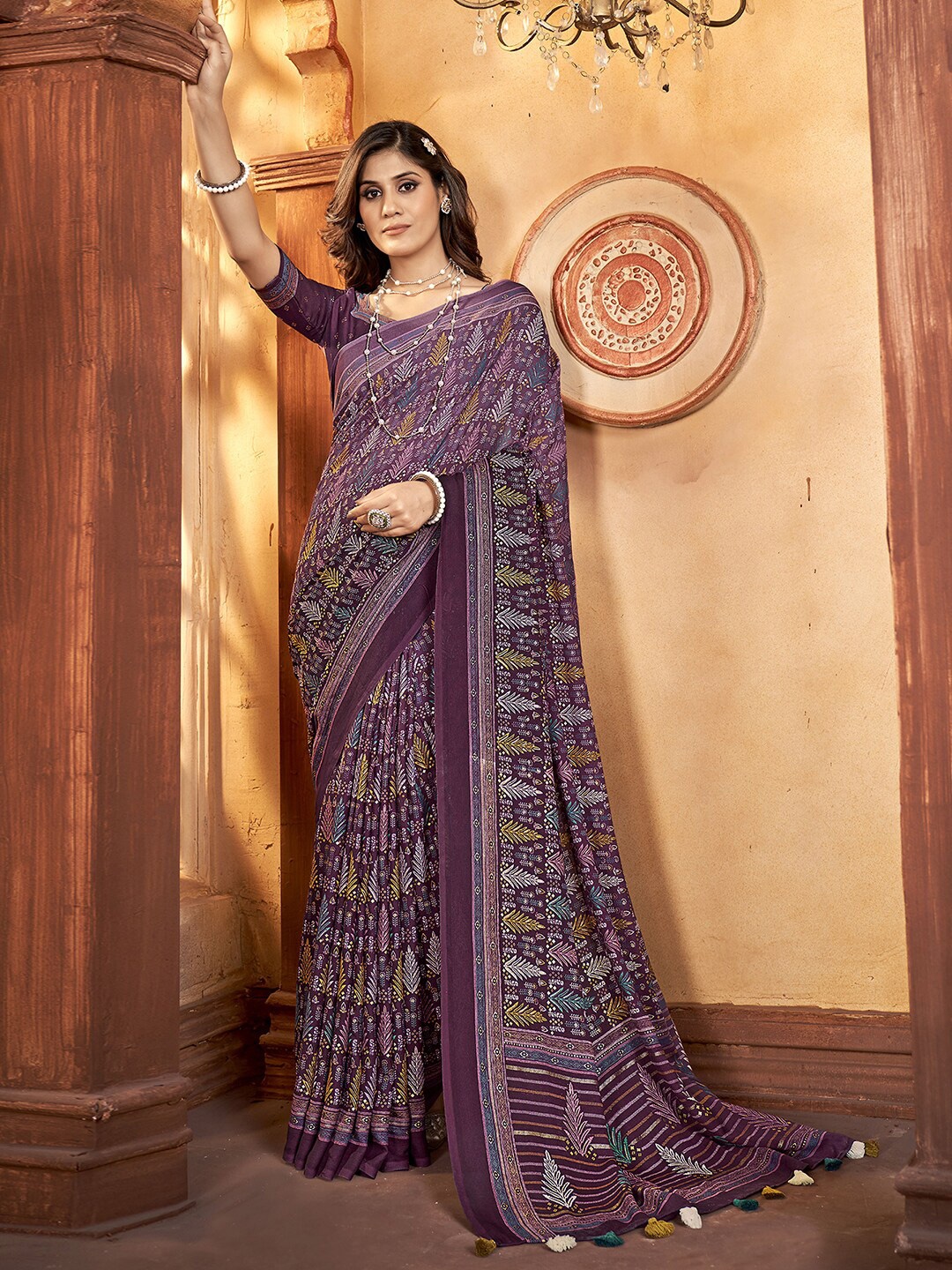 

Satrani Purple Bagh Printed Zari Banarasi Saree