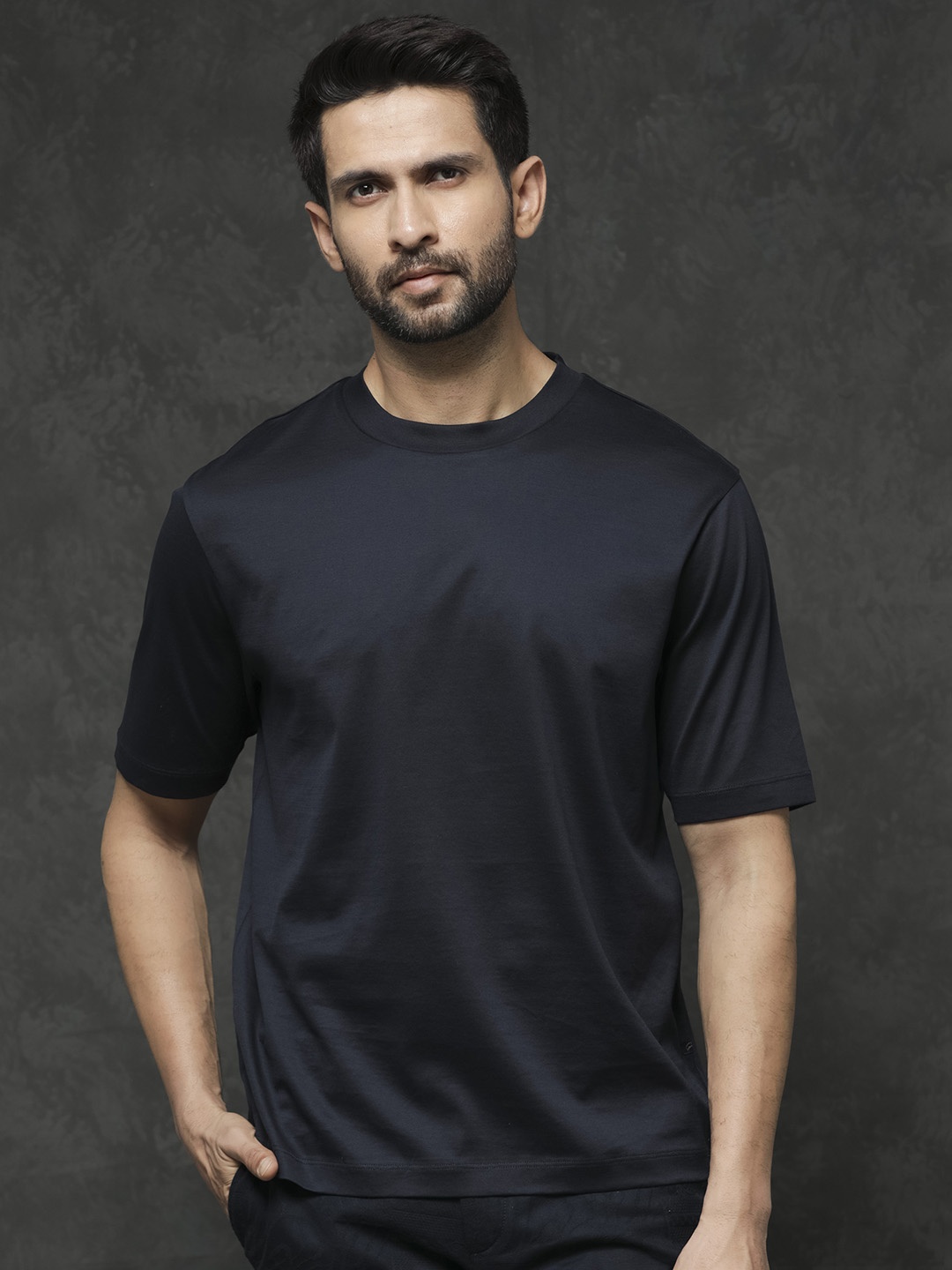

RARE RABBIT Men Barcelon Cotton Slim Fit T-Shirt, Navy blue